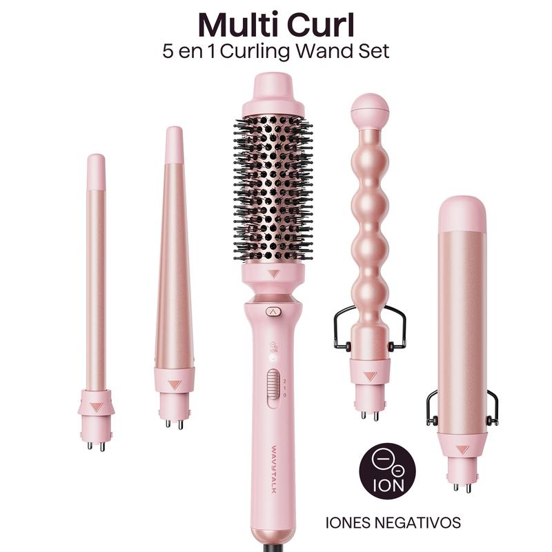 Wavytalk Multi Curl, 5 en 1 Ceramic Curling Wand, rizador de pelo de calentamiento rápido de 1/2 a 1 1/2 pulgadas y cepillo térmico, rizador de pelo de doble voltaje